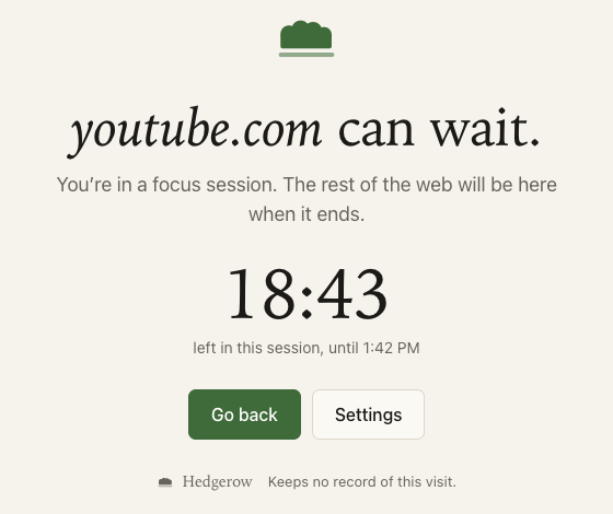 The calm block page with the time left in a focus session