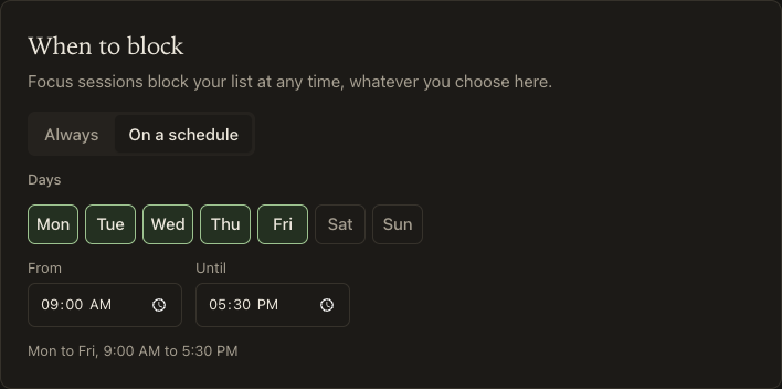 Weekly schedule settings in dark mode