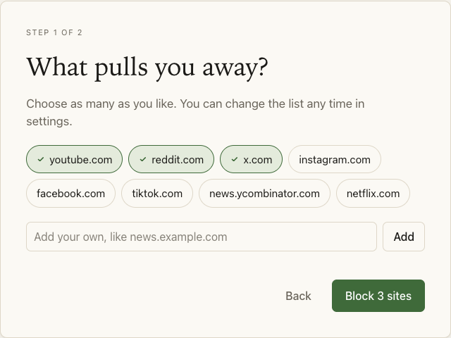 Choosing sites to block during setup