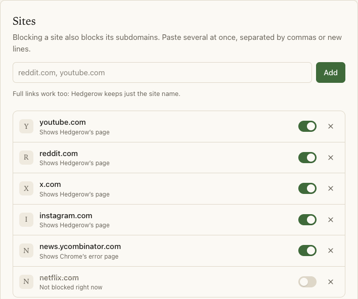 The site list in Hedgerow settings