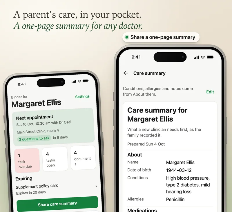Alderbook on a phone: a parent’s care binder beside the one-page care summary
