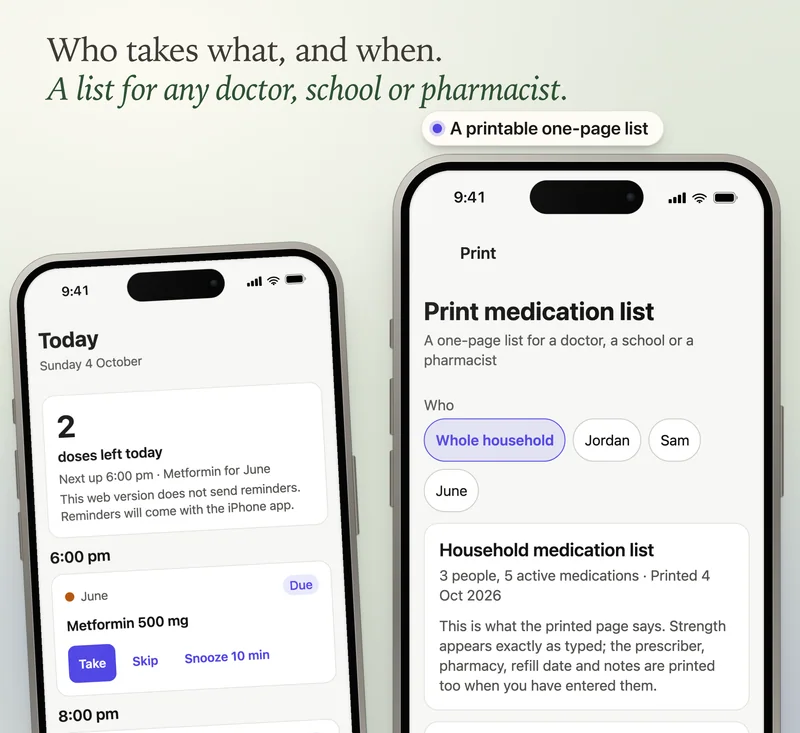 Pillfolk on a phone: today’s doses beside the printable one-page medication list