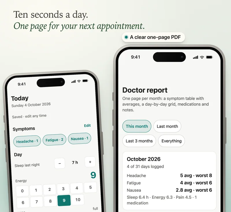 Plainlog on a phone: the ten-second daily check-in beside the one-page doctor report
